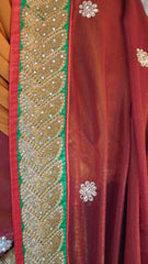 Maroon Mastard Pure Georgette Hand Embroidery Zari Stone Thread Beads Pearl Bullion Work Sari Saree