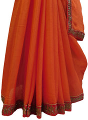 Orange Designer Crepe (Chinon) Hand Embroidery Cutdana Sequence Zari Work Saree Sari With Stylish Stitched Blouse
