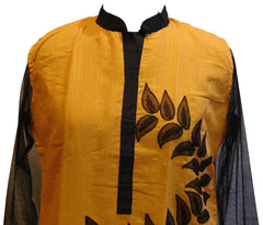 Yellow & Black Designer Cotton (Chanderi) Kurti With Georgette Sleeves