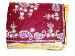 Merron & Yellow Designer Velvet & Brasso Hand Embroidery Saree Sari With Velvet Blouse