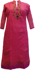Pink Designer Cotton (Chanderi) Hand Embroidery Zari Thread Stone Beads Work Kurti Kurta