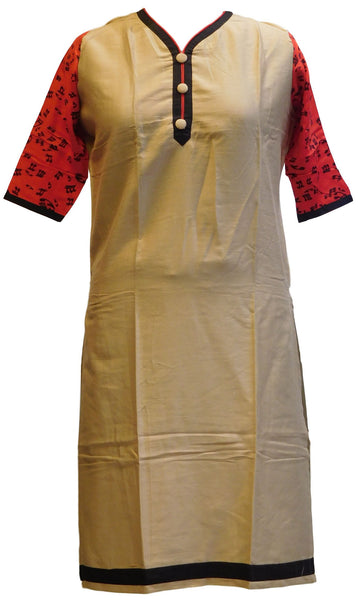 Red, Cream & Black Designer Cotton (Chanderi) Printed Kurti