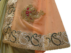 Peach & Cream Designer Georgette Hand Embroidery Zari Stone Cutdana Thread Work Saree Sari