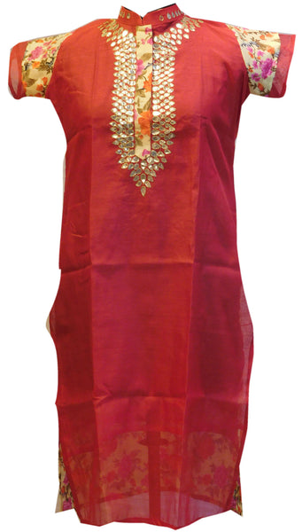 Red Yellow Designer Cotton (Chanderi) Kurti
