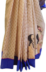 Cream Designer Pure Cotton Thread Embroidery Printed Sari With Blue Border Saree