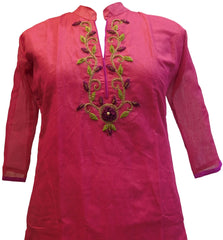Pink Designer Cotton (Chanderi) Hand Embroidery Zari Thread Stone Beads Work Kurti Kurta