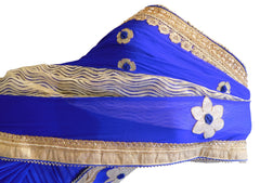 Blue & Cream Designer Georgette (Viscos) Hand Embroidery Zari Pearl Stone Work Saree Sari