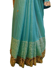 Blue Designer Net Hand Embroidery Stone Border Sari Saree
