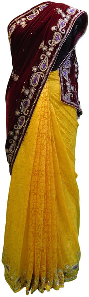 Merron & Yellow Designer Velvet & Brasso Hand Embroidery Saree Sari With Velvet Blouse