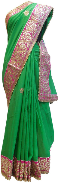 Bollywood Style Green Gota Saree With Pink Border With Pearl Lace Sari SAC563