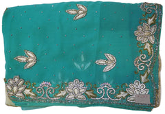 Turquoise & White Designer Georgette Hand Embroidery Cutdana Thread Stone Work Saree Sari