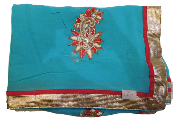 Turquoise Designer Hand Embroidery Saree Sari