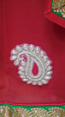 Maroon Mastard Pure Georgette Hand Embroidery Zari Stone Thread Beads Pearl Bullion Work Sari Saree