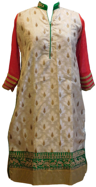 Cream & Red Designer Cotton (Chanderi) Kurti