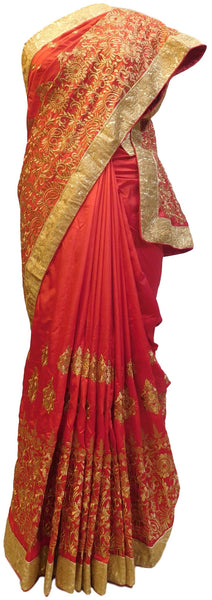 Red Designer Silk Hand Embroidery Thread Zari Work Saree Sari