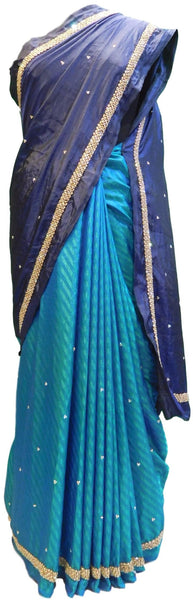 Blue Designer Silk Sari Stone Hand Embroidery Work Saree
