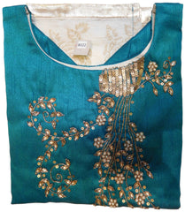 Turquoise Designer Cotton (Chanderi) Kurti