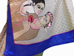 Cream Designer Pure Cotton Thread Embroidery Printed Sari With Blue Border Saree