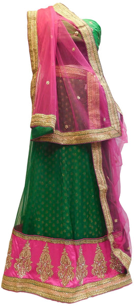 Green & Pink Designer Bridal Hand Embroidery Work Lahenga With Net Dupatta & Silk Blouse