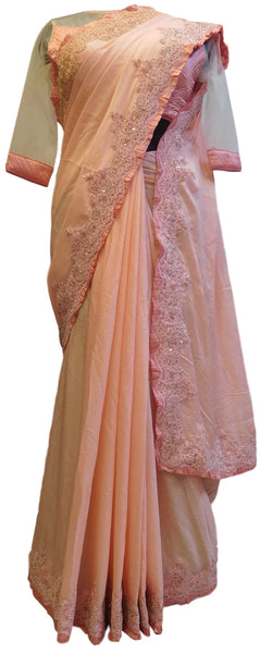 Baby Pink Designer Crepe (Chinon) Hand Embroidery Cutdana Sequence Thread Stone Work Saree Sari With Stylsih Stitched Satin Blouse