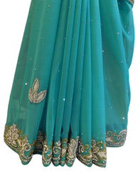 Turquoise & White Designer Georgette Hand Embroidery Cutdana Thread Stone Work Saree Sari