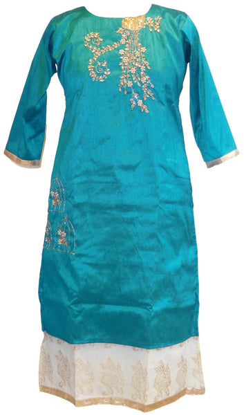 Turquoise Designer Cotton (Chanderi) Kurti