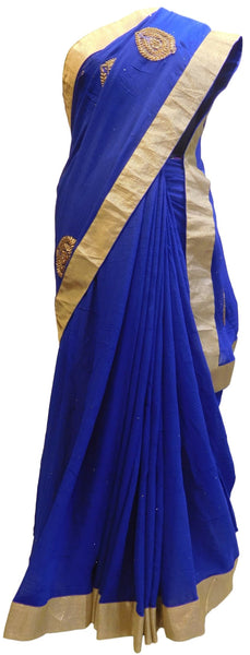 Blue Designer Georgette (Viscos) Hand Embroidery Bullion Zari Stone Work Saree Sari