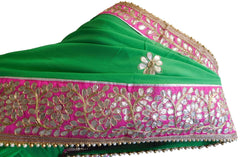 Bollywood Style Green Gota Saree With Pink Border With Pearl Lace Sari SAC563