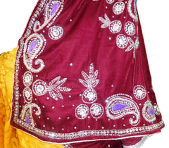 Merron & Yellow Designer Velvet & Brasso Hand Embroidery Saree Sari With Velvet Blouse