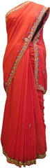 Red Designer Gerogette (Synthetic) Hand Embroidery Stone Border Sari Saree