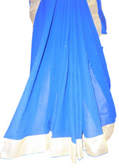 Blue Designer Georgette (Viscos) Hand Embroidery Bullion Zari Stone Work Saree Sari