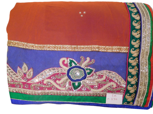 Orange Designer Georgette (Viscos) & Pure Banarasi Hand Embroidery Work Half Half Saree Sari