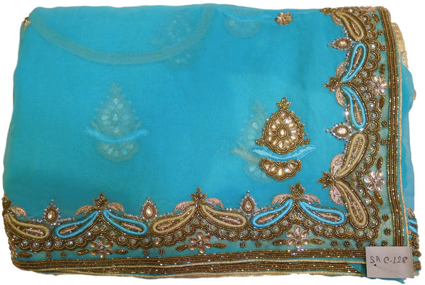 Turquoise Designer Georgette With Cutdana, Stone Work Border Saree