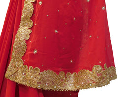 Red & Cream Designer Georgette Hand Embroidery Zari Pearl Thread Stone Work Saree Sari