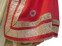 Red & Cream Designer Georgette (Viscos) Hand Embroidery Zari Pearl Stone Work Saree Sari
