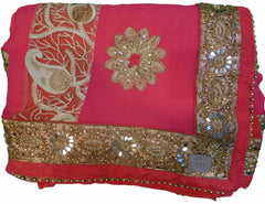 Pink Designer Georgette Sari Zari, Pearl, Mirror Thread Embroidery Work Saree