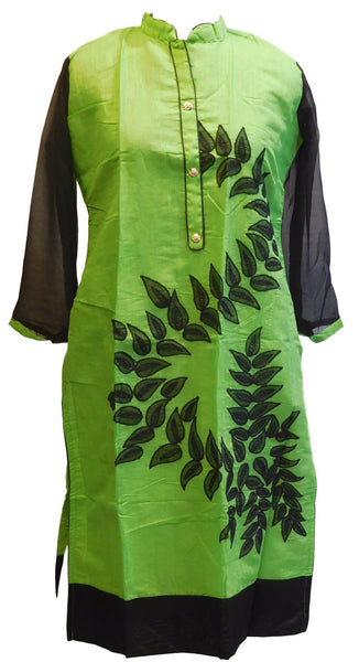 Green & Black Designer Cotton (Chanderi) Kurti With Georgette Sleeves