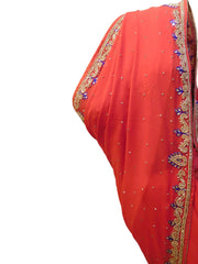 Red Designer Gerogette (Synthetic) Hand Embroidery Stone Border Sari Saree