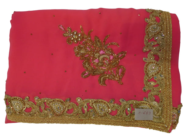 Pink Designer Georgette Hand Embroidery Zari Pearl Cutdana Beads Thread Stone Work Saree Sari