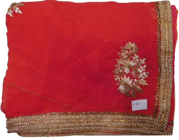 Orange & Pink Designer Georgette (Viscos) Hand Embroidery Zari Cutdana Pearl Work Saree Sari