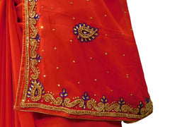 Red Designer Gerogette (Synthetic) Hand Embroidery Stone Border Sari Saree