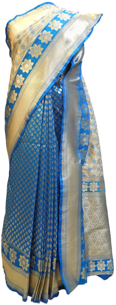 Blue & Cream Designer Bridal Hand Weaven Pure Benarasi Zari Work Saree Sari With Blouse