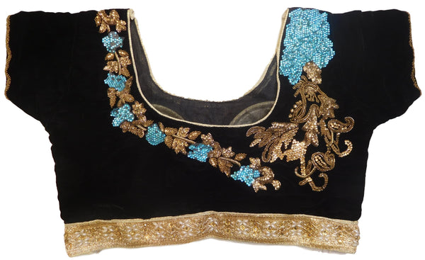 Black Golden Designer Velvet Hand Embroidery Stone Bullion Beads Pearl Zari Work Ready To Wear Stitched Blouse