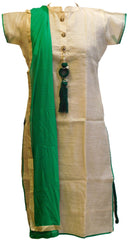 Cream & Green Designer Cotton (Chanderi) Kurti