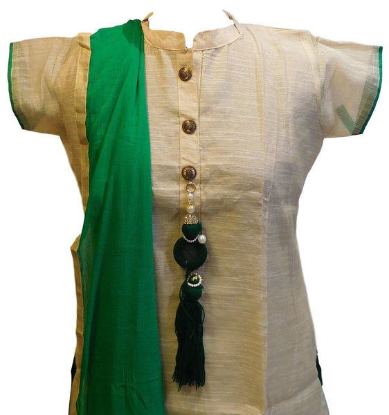 Cream & Green Designer Cotton (Chanderi) Kurti