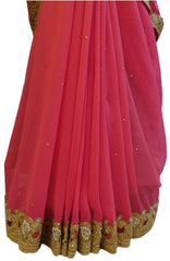 Pink Designer Georgette Hand Embroidery Zari Pearl Cutdana Beads Thread Stone Work Saree Sari