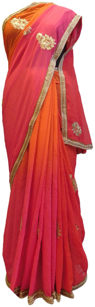 Orange & Pink Designer Georgette (Viscos) Hand Embroidery Zari Cutdana Pearl Work Saree Sari