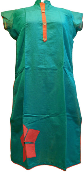 Turquoise Designer Cotton (Chanderi) Kurti
