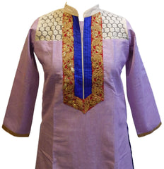 Violet Designer Cotton (Chanderi) Kurti With Yellow Taping
