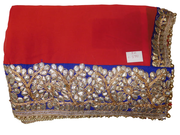 Bollywood Style Red & Green Gota Saree With Blue Border With Pearl Lace Sari